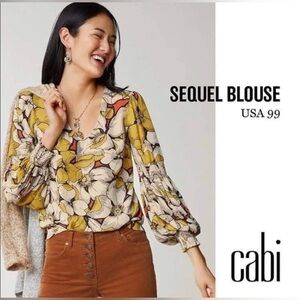 CAbi Sequel Blouse #3954 Warm Large Scale Floral Pullover Smocked Sleeve Blouse